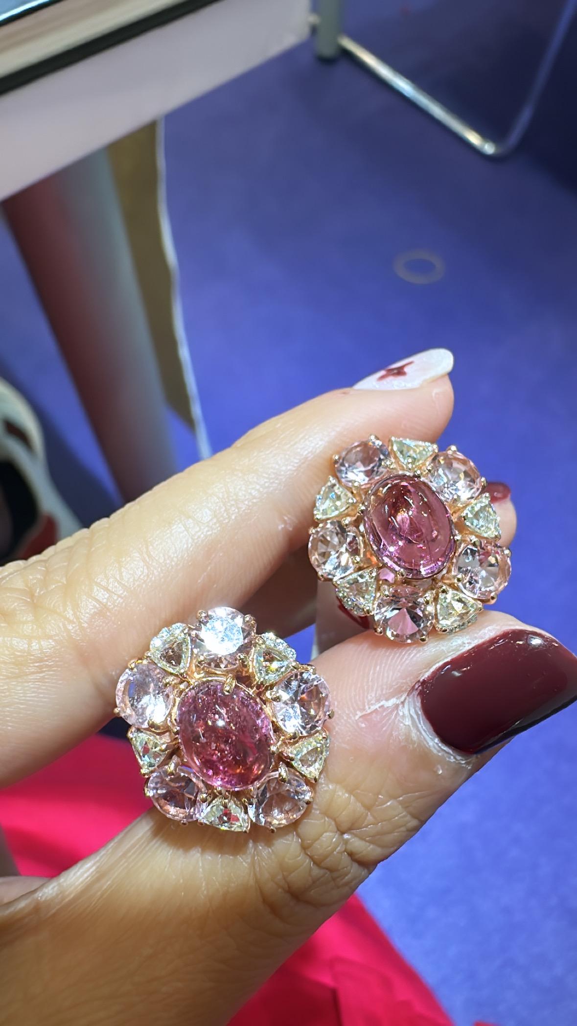Cabochon Set in 18K Rose Gold, Tourmaline, Morganite & Rose Cut Diamonds Stud Earrings For Sale