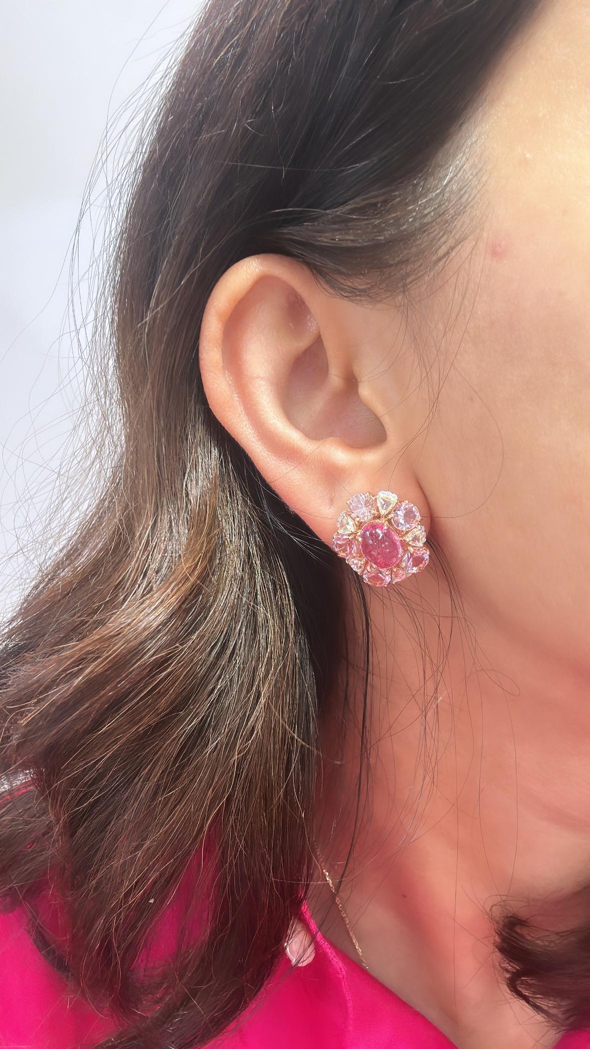 Set in 18K Rose Gold, Tourmaline, Morganite & Rose Cut Diamonds Stud Earrings In New Condition For Sale In Hong Kong, HK