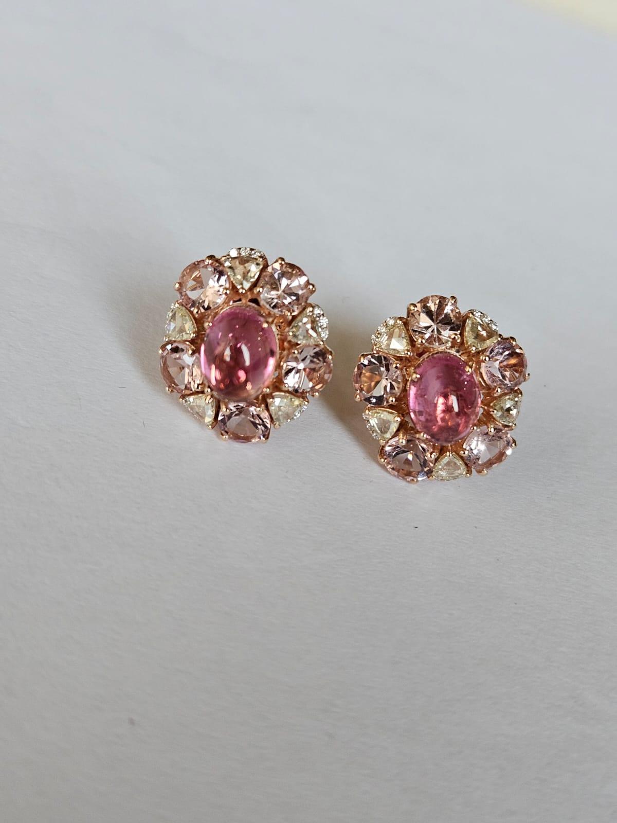 Set in 18K Rose Gold, Tourmaline, Morganite & Rose Cut Diamonds Stud Earrings For Sale 2