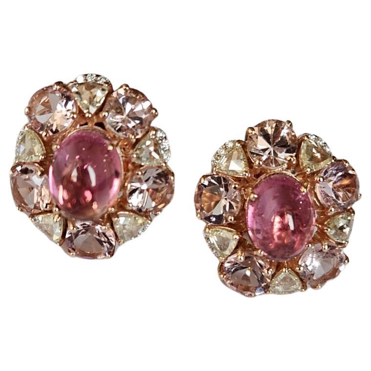 Set in 18K Rose Gold, Tourmaline, Morganite & Rose Cut Diamonds Stud Earrings For Sale