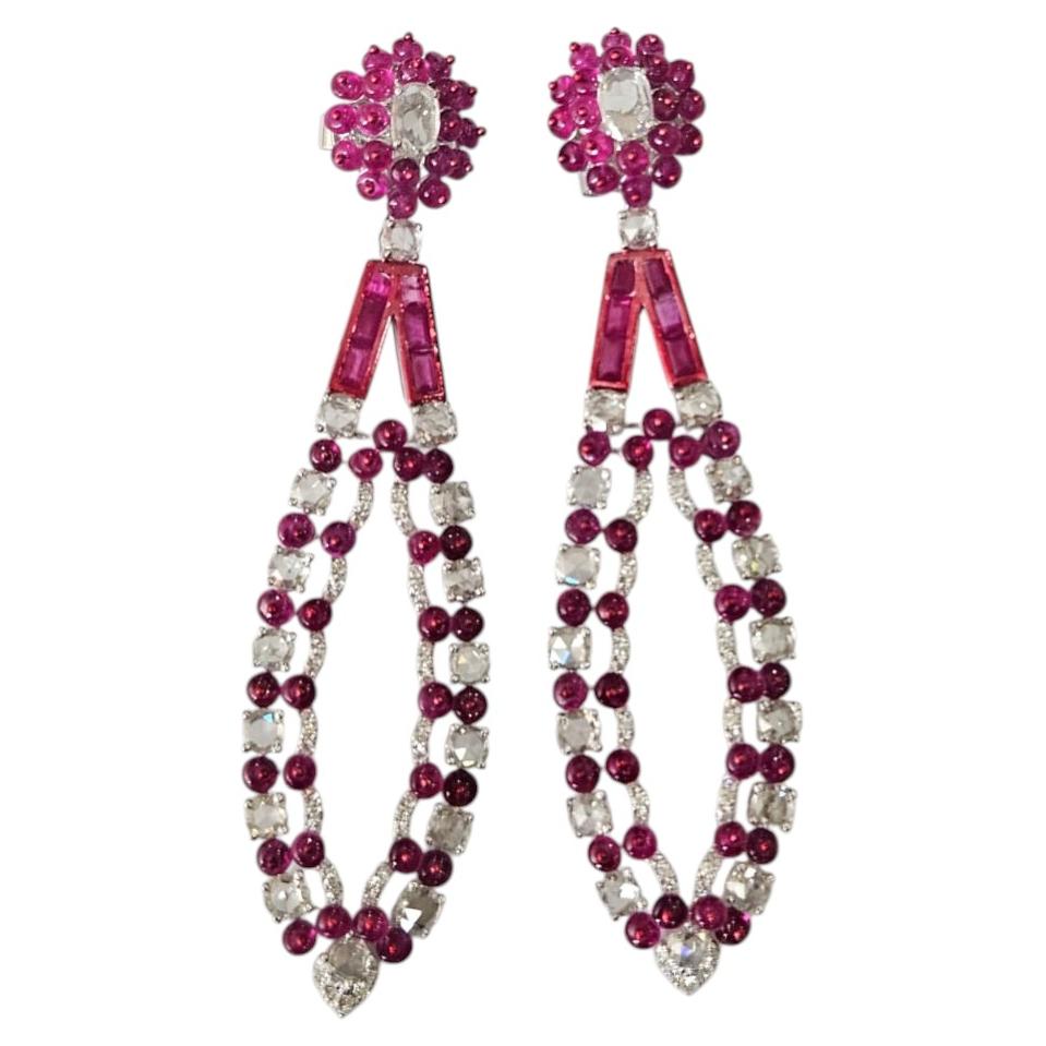 Set in 18K white Gold, 11.04 carat Mozambique Ruby & Diamond Chandelier Earrings