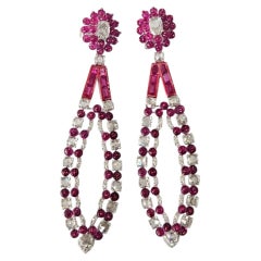 Set in 18K white Gold, 11.04 carat Mozambique Ruby & Diamond Chandelier Earrings