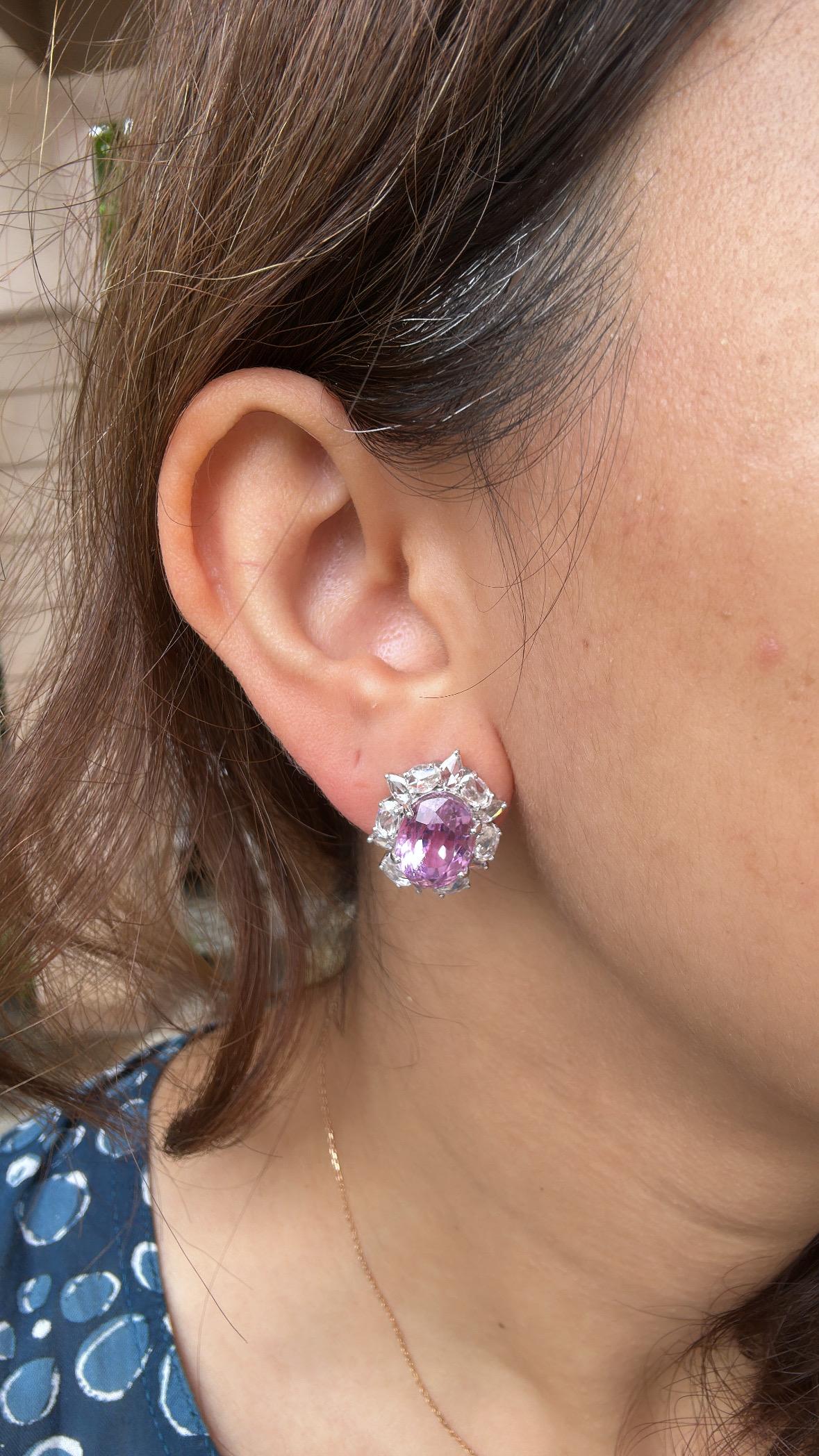 Boucles d'oreilles en or blanc 18 carats, 11,26 carats, Kunzites et diamants taillés en rose en vente 5