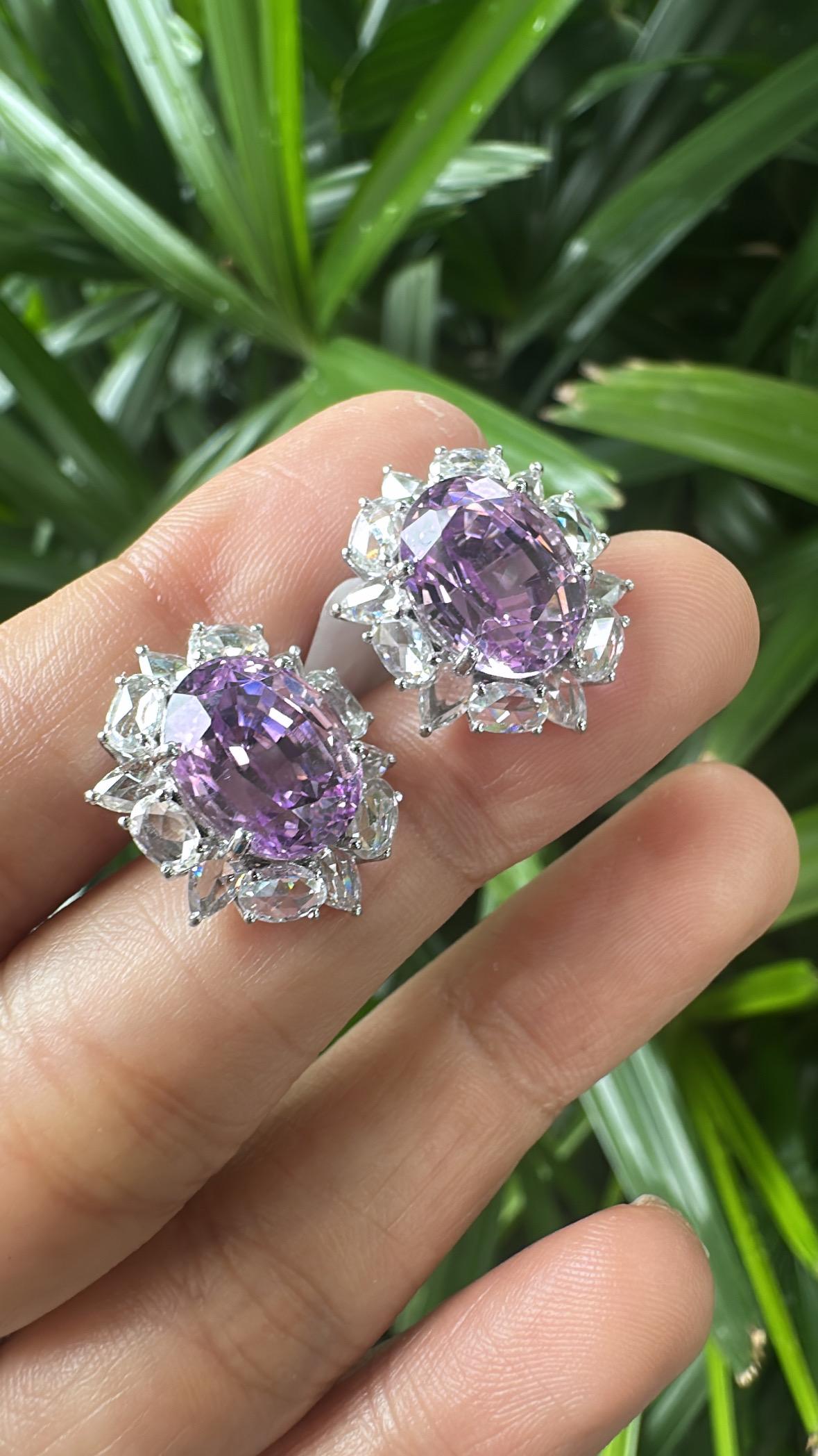 Boucles d'oreilles en or blanc 18 carats, 11,26 carats, Kunzites et diamants taillés en rose en vente 6