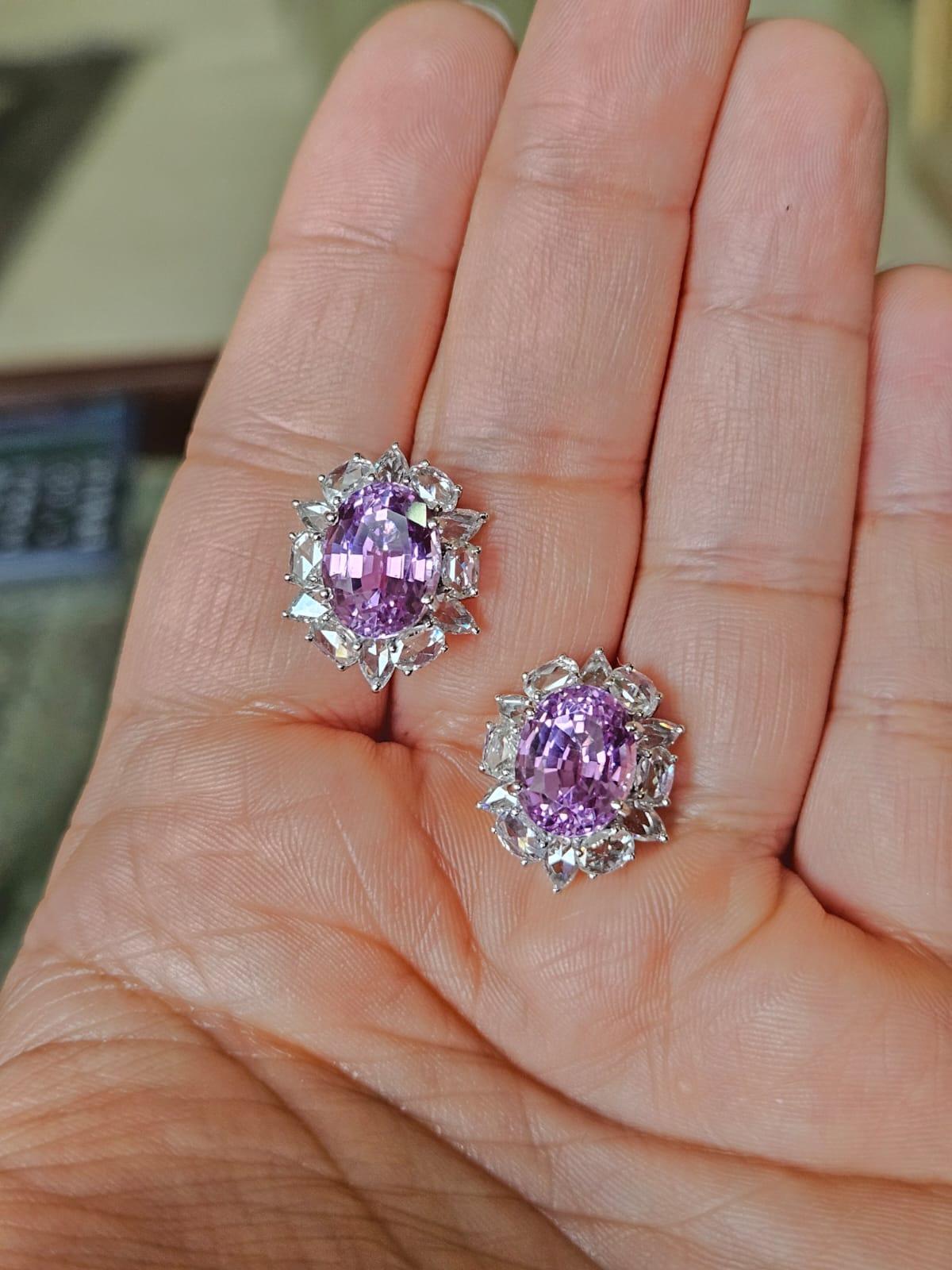 Taille rose Boucles d'oreilles en or blanc 18 carats, 11,26 carats, Kunzites et diamants taillés en rose en vente