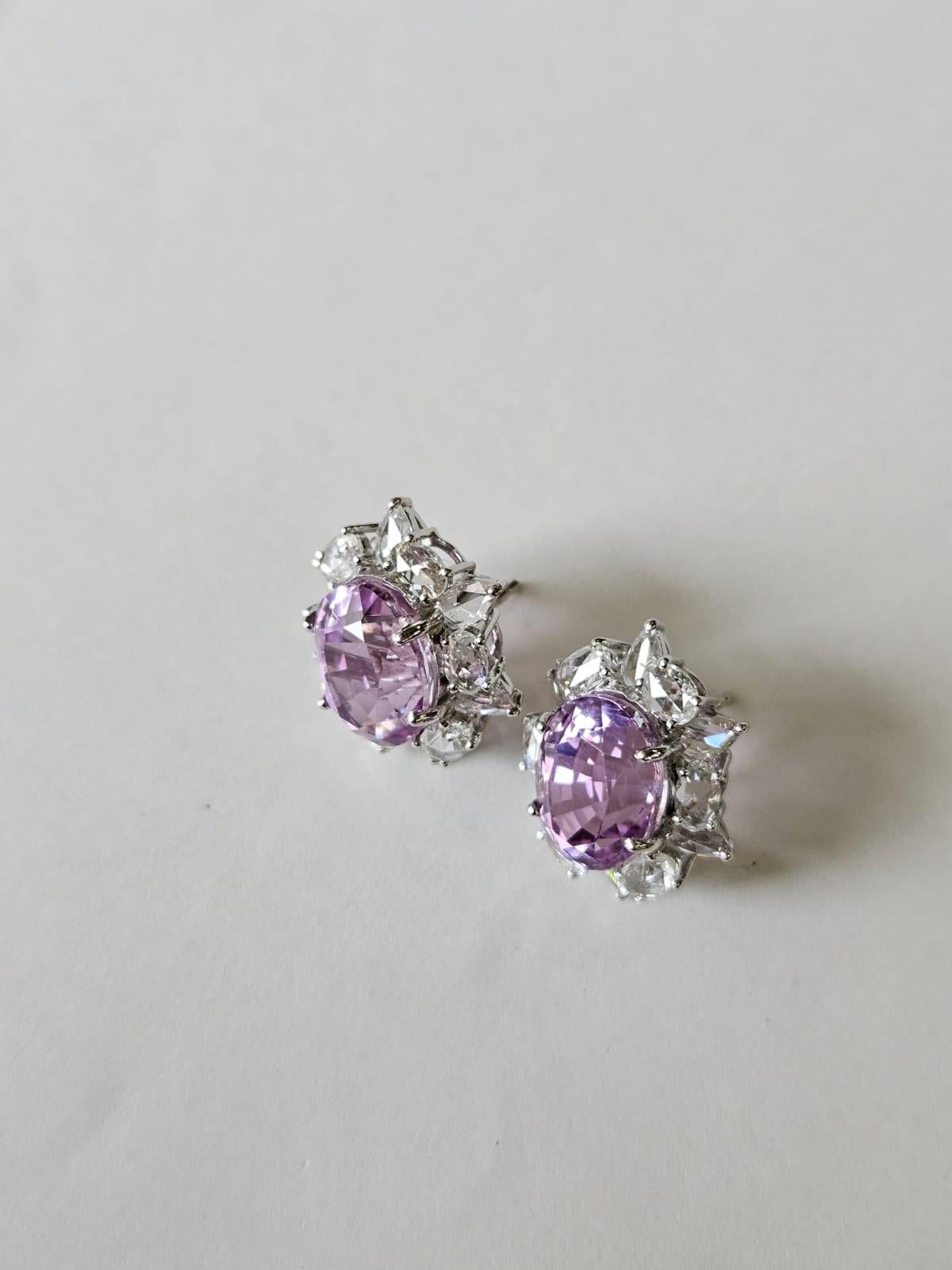 Boucles d'oreilles en or blanc 18 carats, 11,26 carats, Kunzites et diamants taillés en rose en vente 1