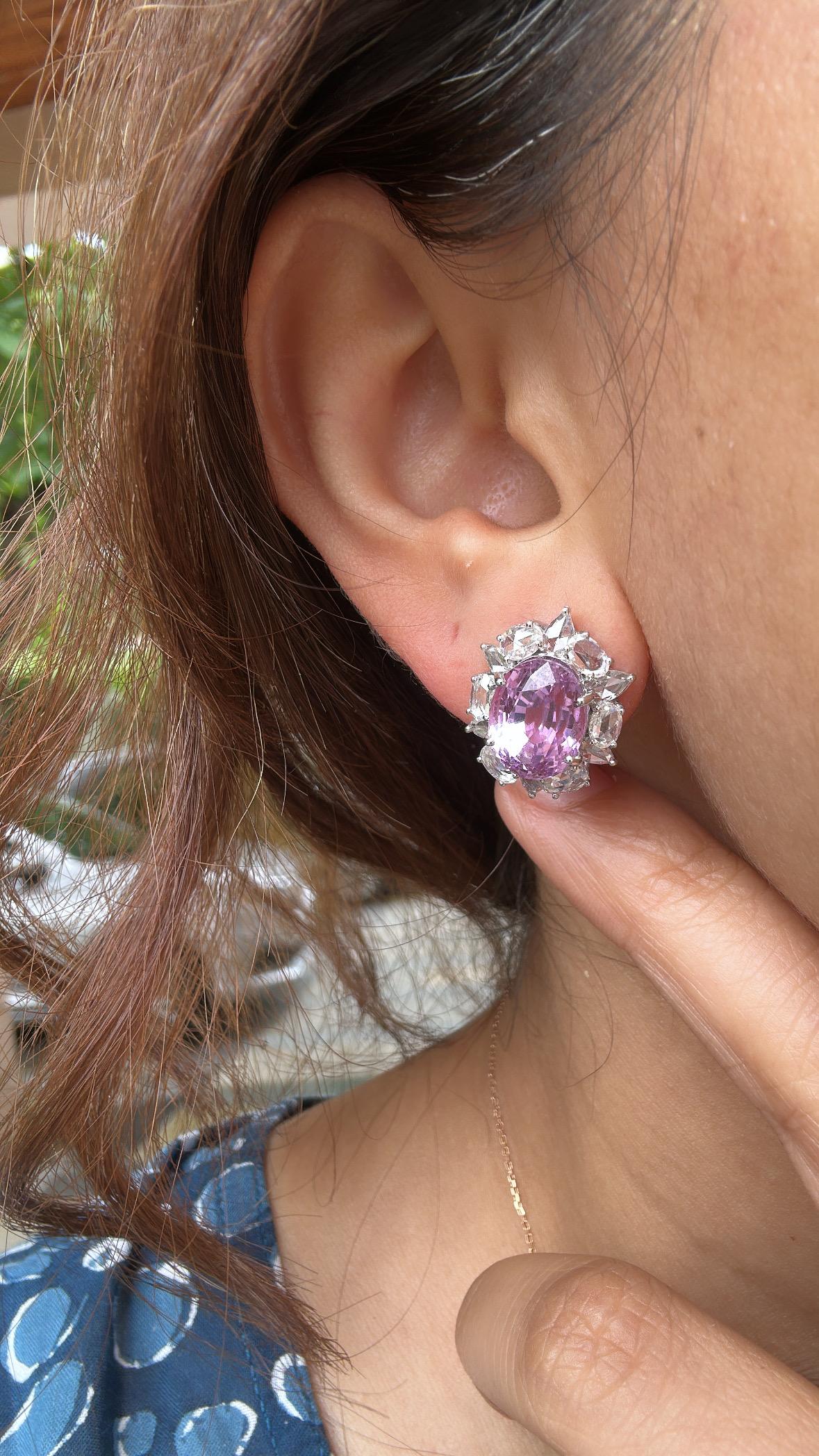 Boucles d'oreilles en or blanc 18 carats, 11,26 carats, Kunzites et diamants taillés en rose en vente 3