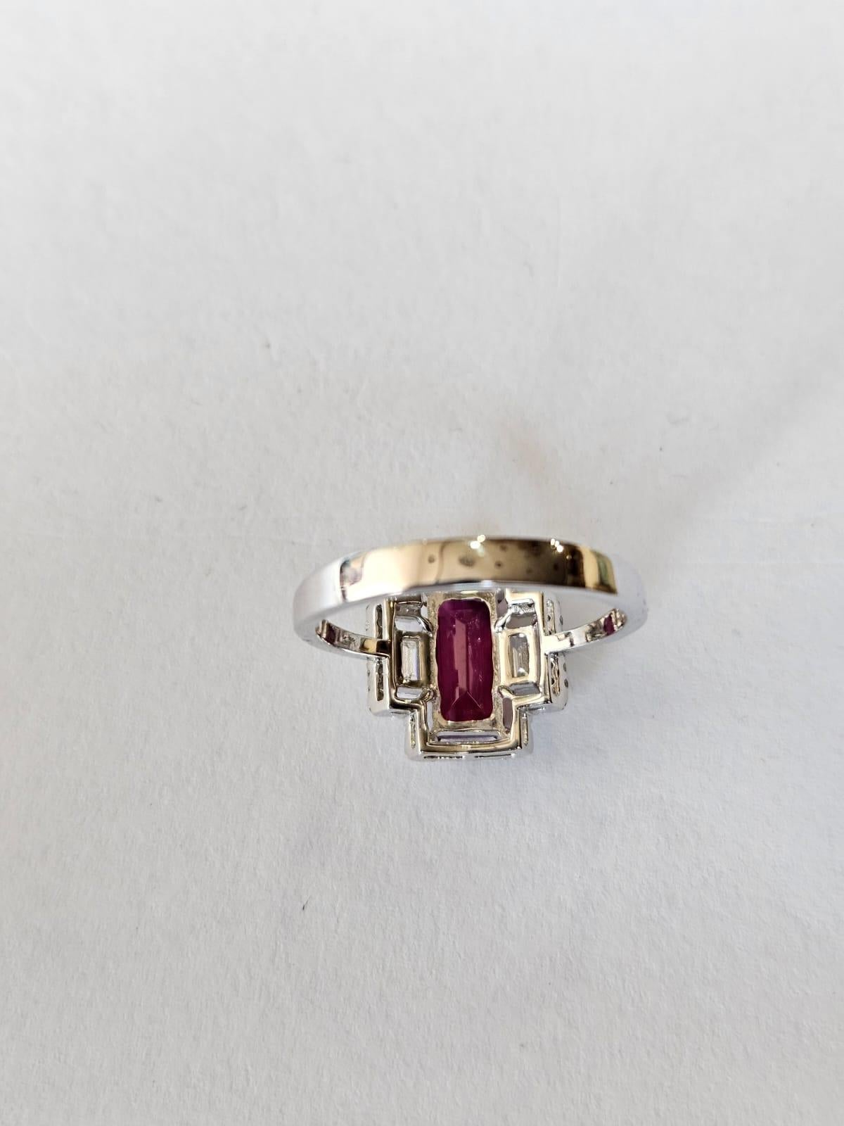 Aesthetic Movement Set in 18K White Gold, 1.26 carats Rubellite & Baguette Diamonds Engagement Ring For Sale