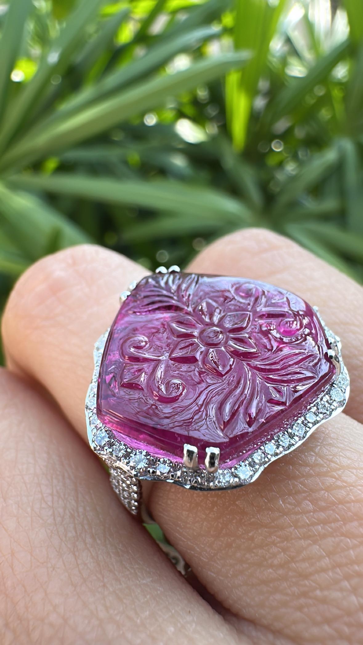 Set in 18K white Gold, 13.38 carats, carved Rubellite & Diamonds Cocktail Ring 1