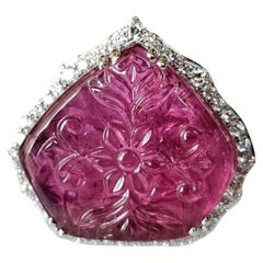 Set in 18K white Gold, 13.38 carats, carved Rubellite & Diamonds Cocktail Ring