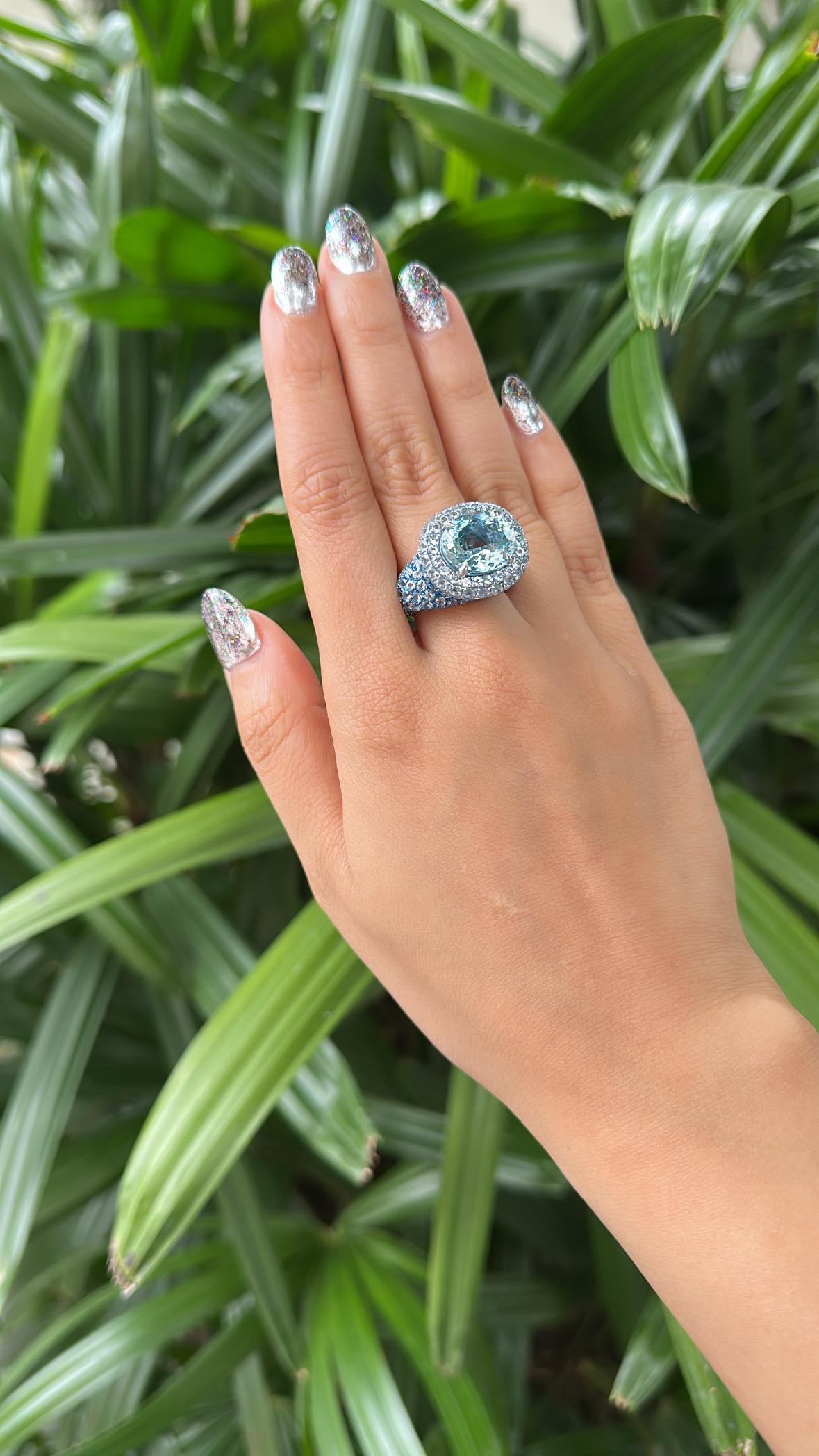 Anello da cocktail con acquamarina e diamanti in oro bianco 18 carati, 13,55 carati in vendita 5