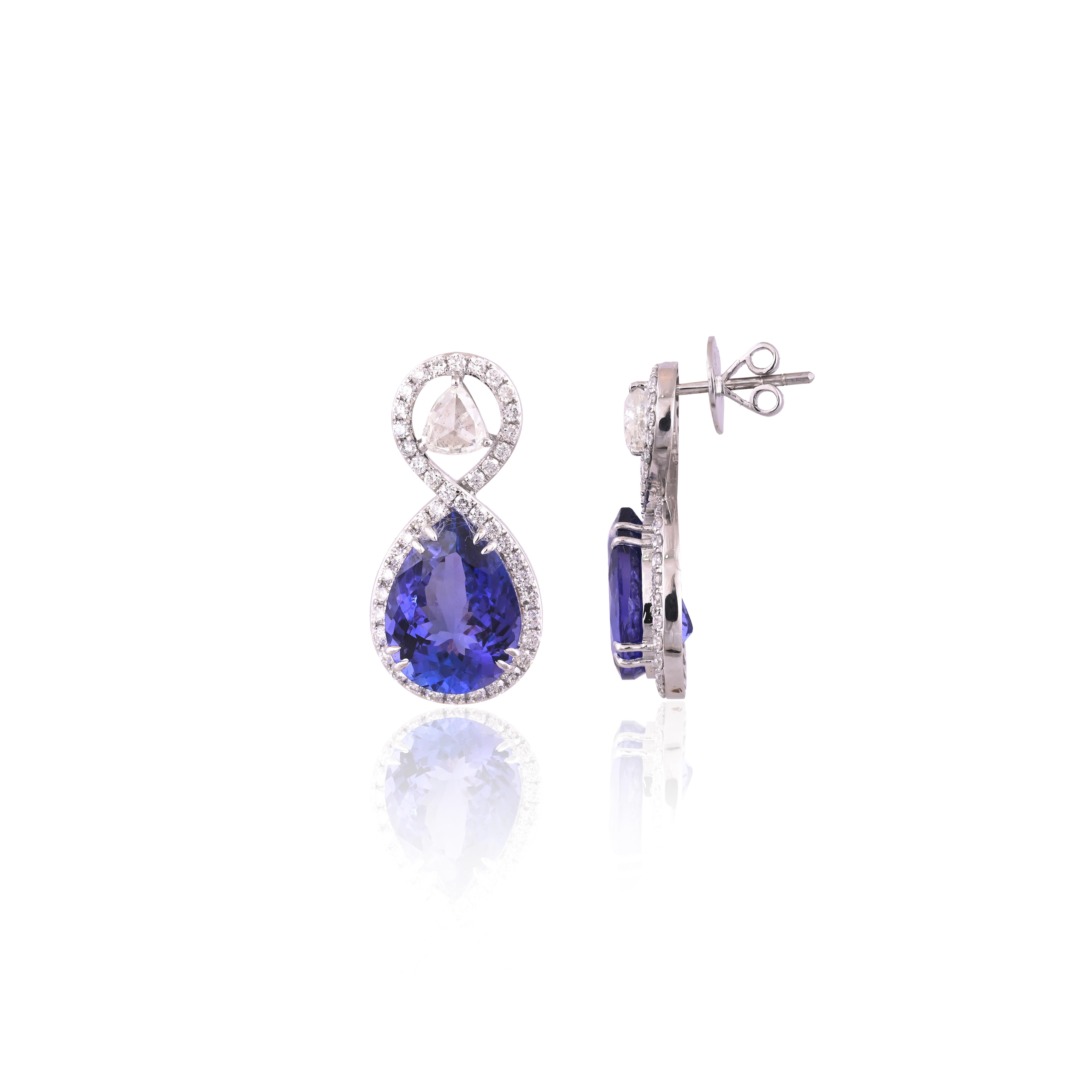 Set in 18K White Gold, 14.52 carats, Tanzanite & Rose Cut Diamonds Drop Earrings For Sale 7