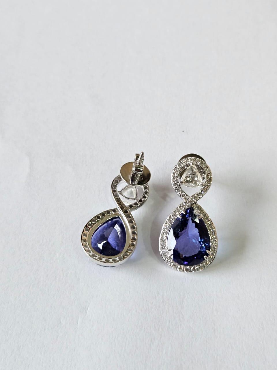 Modern Set in 18K White Gold, 14.52 carats, Tanzanite & Rose Cut Diamonds Drop Earrings For Sale