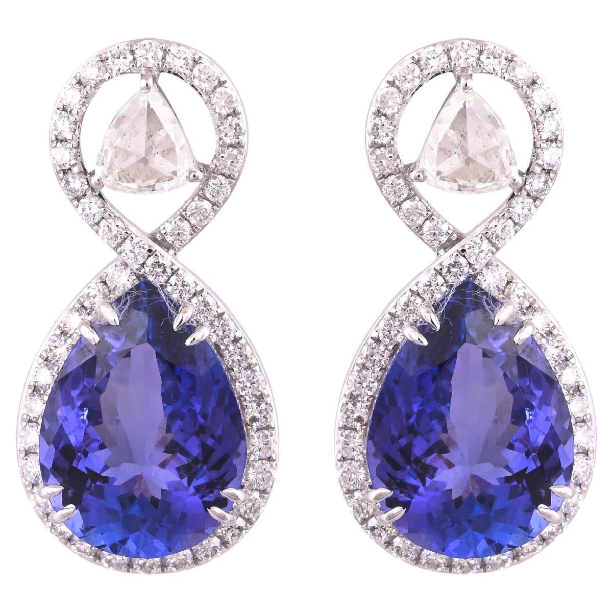 Boucles d'oreilles pendantes en or blanc 18 carats, 14,52 carats, tanzanite et diamants taille rose