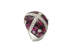 18 Karat Gold Invisible Set Garnet and Diamond Dome Ring