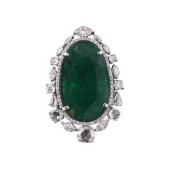 Set in 18k White Gold, 16.03 Ct Zambian Emerald & Rose Cut Diamond Cocktail Ring