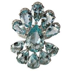 Set in 18K White Gold, 16.20 carats Aquamarine & Diamond oversized Cocktail Ring