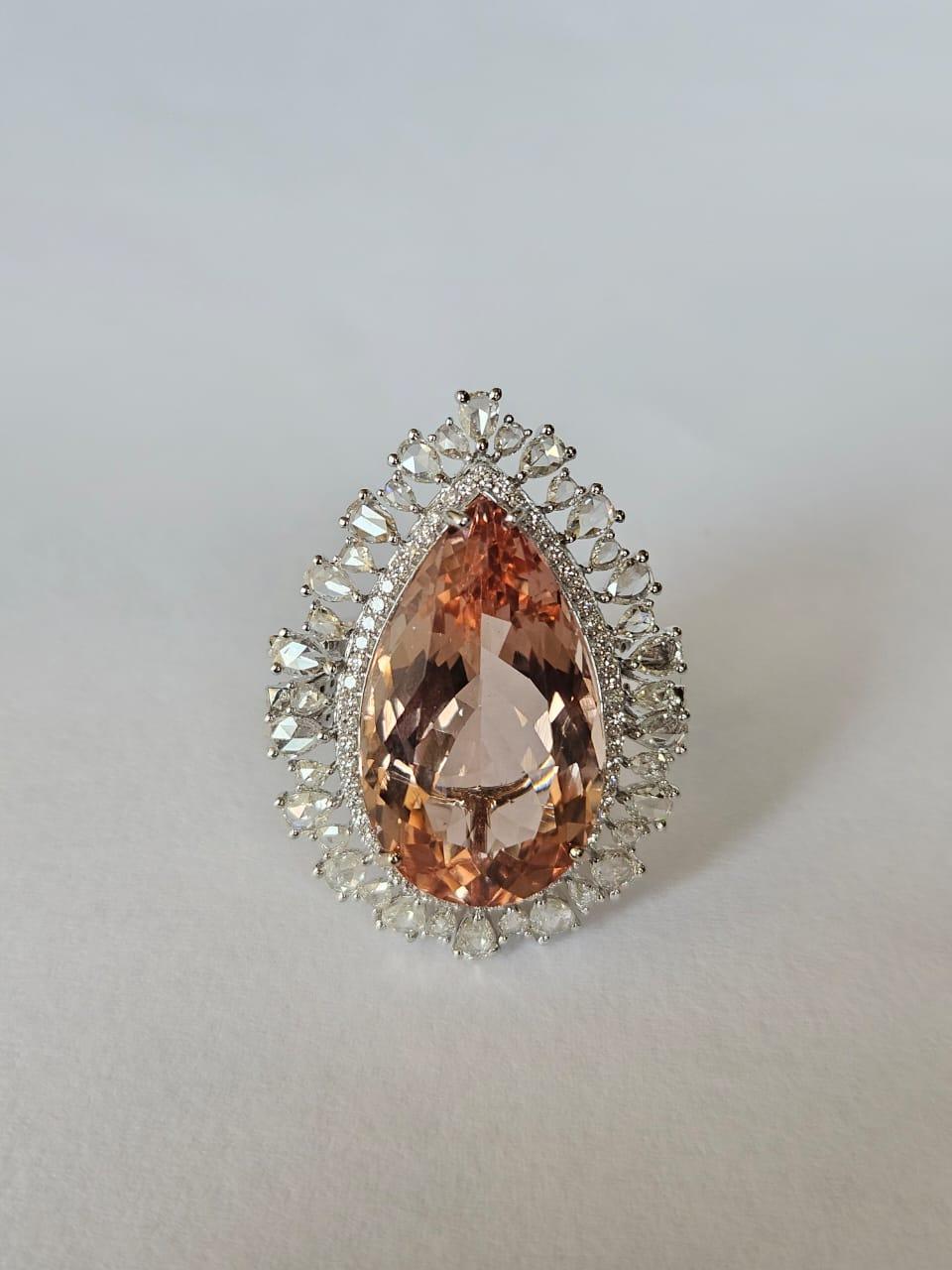 Set in 18K White Gold, 18.09 carat Morganite & Rose Cut Diamonds Cocktail Ring For Sale