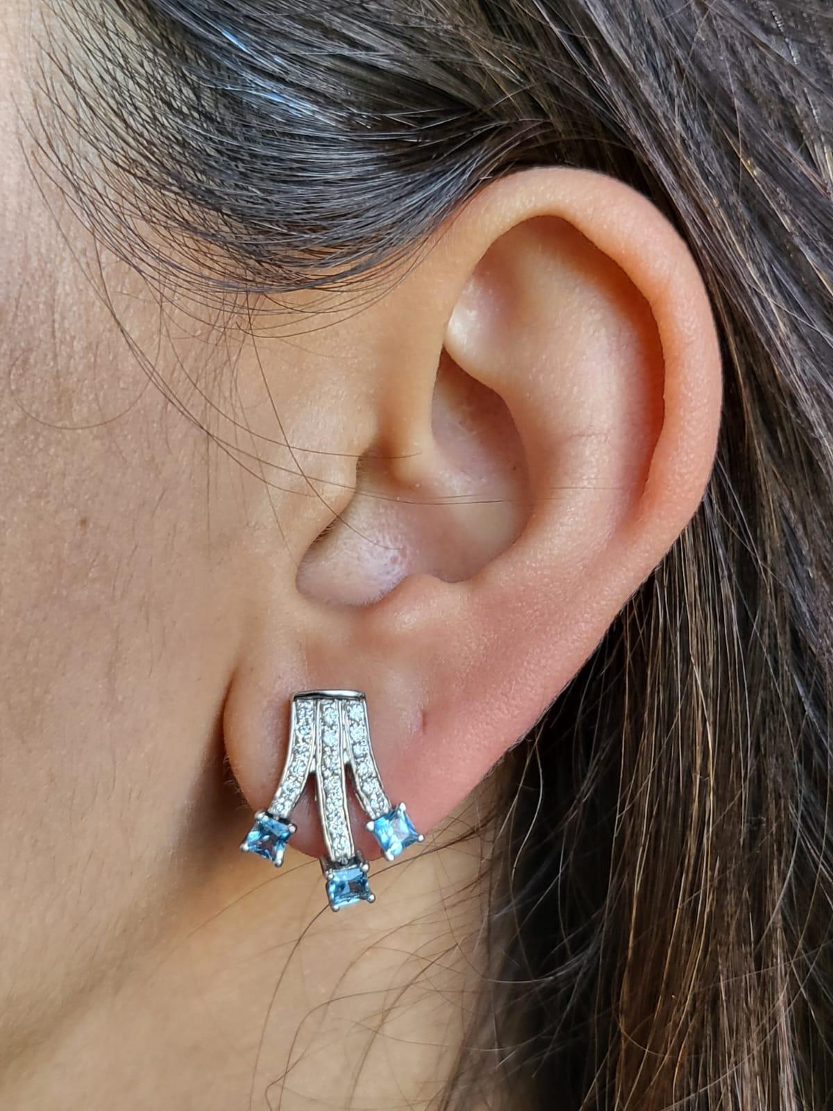 Modern Set in 18k White Gold, 1.82 Carats, Natural Aquamarine & Diamonds Stud Earrings For Sale