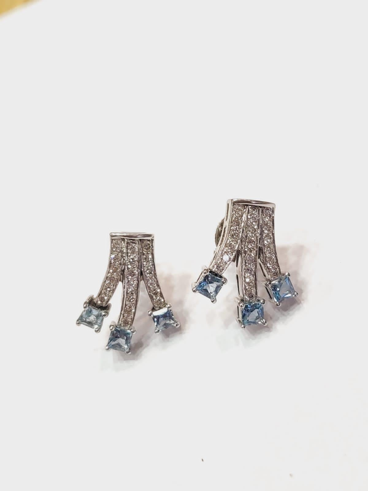 Square Cut Set in 18k White Gold, 1.82 Carats, Natural Aquamarine & Diamonds Stud Earrings For Sale