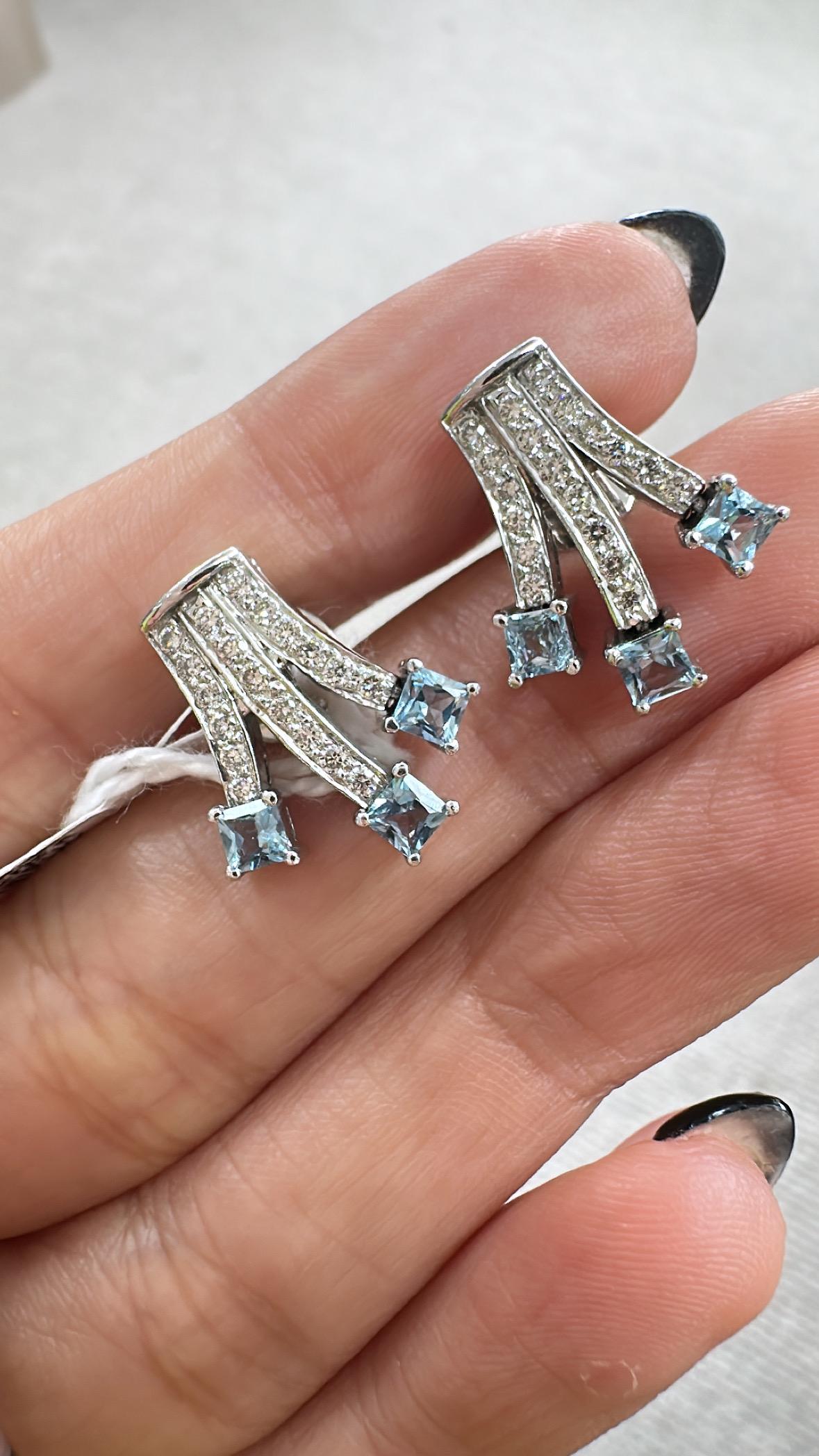 Pendientes de oro blanco de 18 quilates, 1,82 quilates, aguamarina natural y diamantes en venta 3
