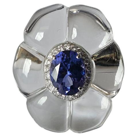 Bague de cocktail en or blanc 18 carats, 2,00 carats, Tanzanite, cristal et diamants