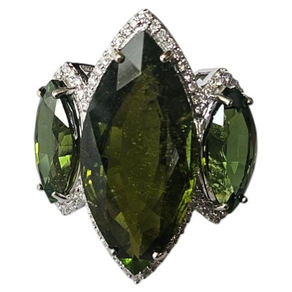 Set in 18K White Gold, 21.92 carats, Green Tourmaline & Diamond Cocktail Ring