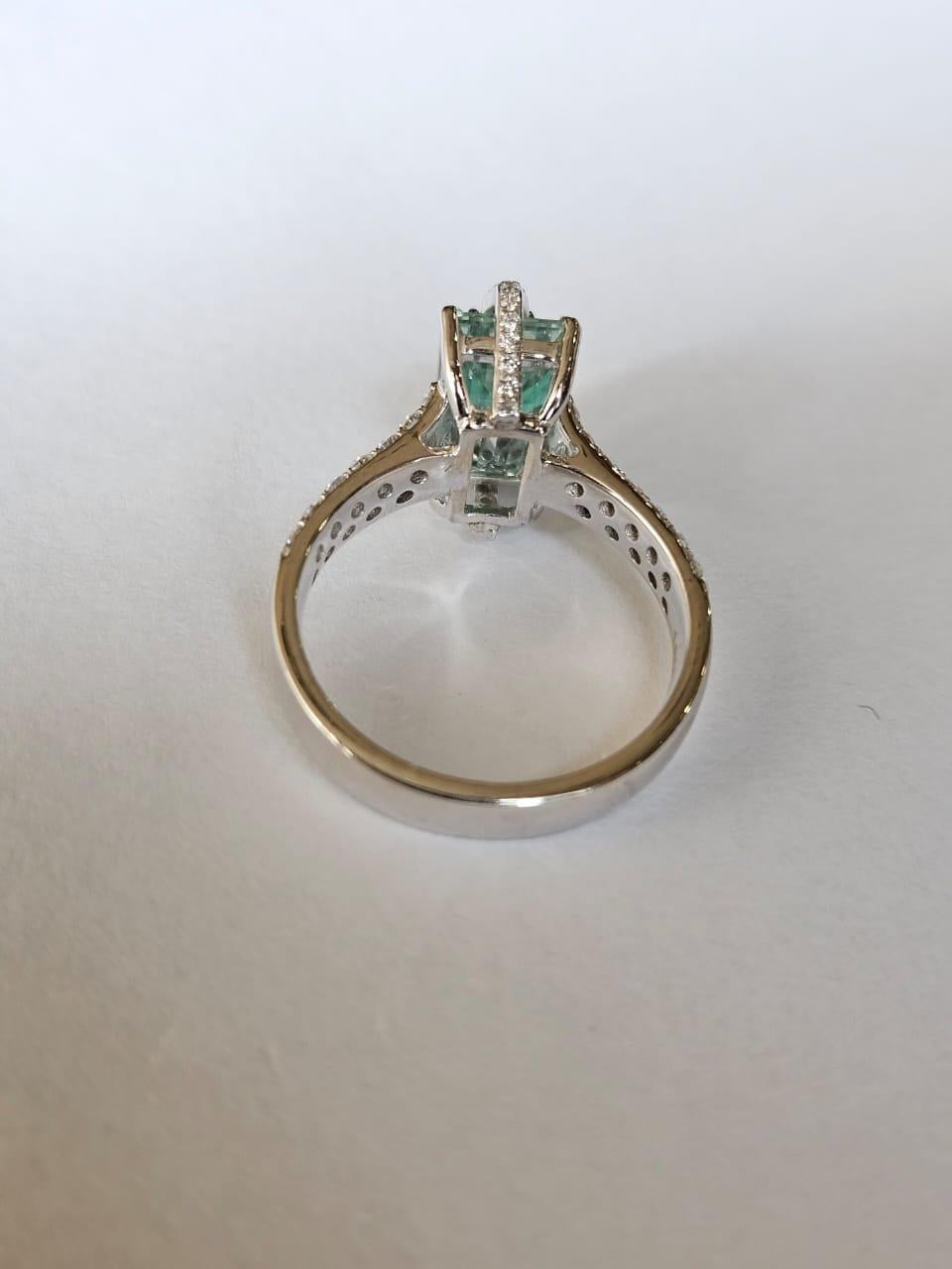 Set in 18K white Gold, 2.22 carats Aquamarine, Emerald & Diamond Engagement Ring For Sale 4