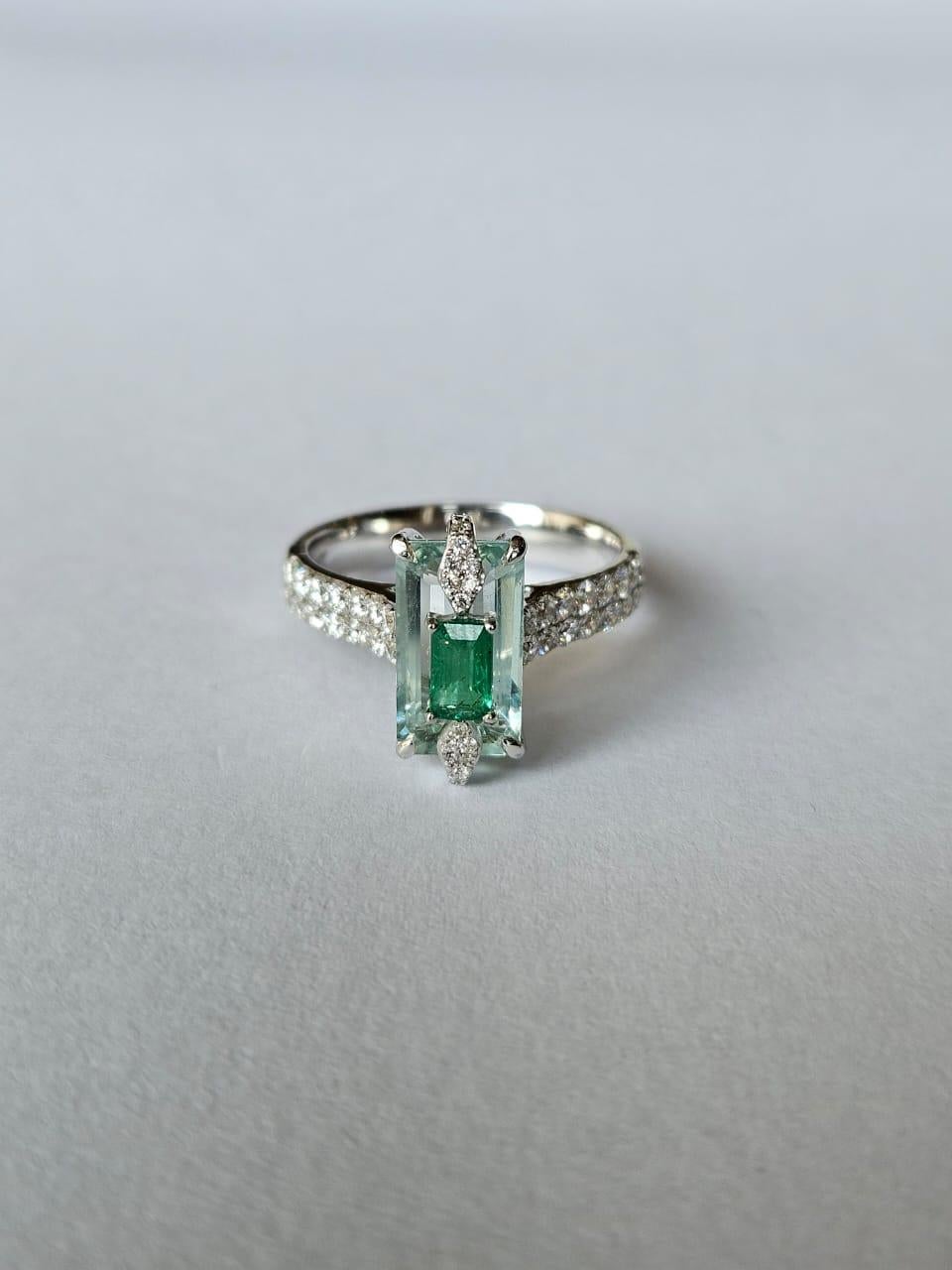 Emerald Cut Set in 18K white Gold, 2.22 carats Aquamarine, Emerald & Diamond Engagement Ring For Sale