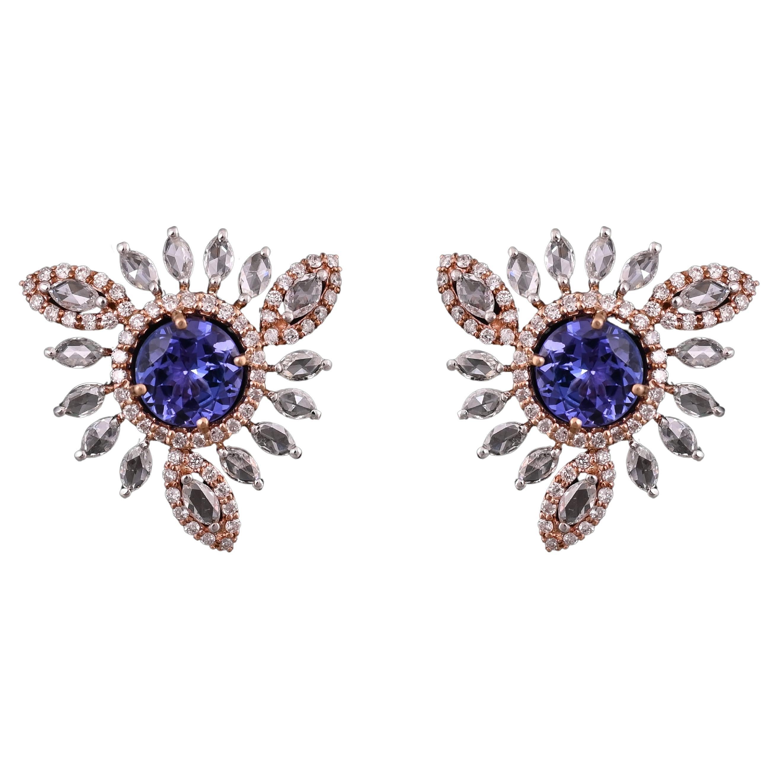 Set in 18K White Gold, 2.24 carats Tanzanites & Rose Cut Diamonds Stud Earrings For Sale