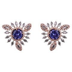 Clous d'oreilles en or blanc 18 carats, tanzanites de 2,24 carats et diamants de taille rose