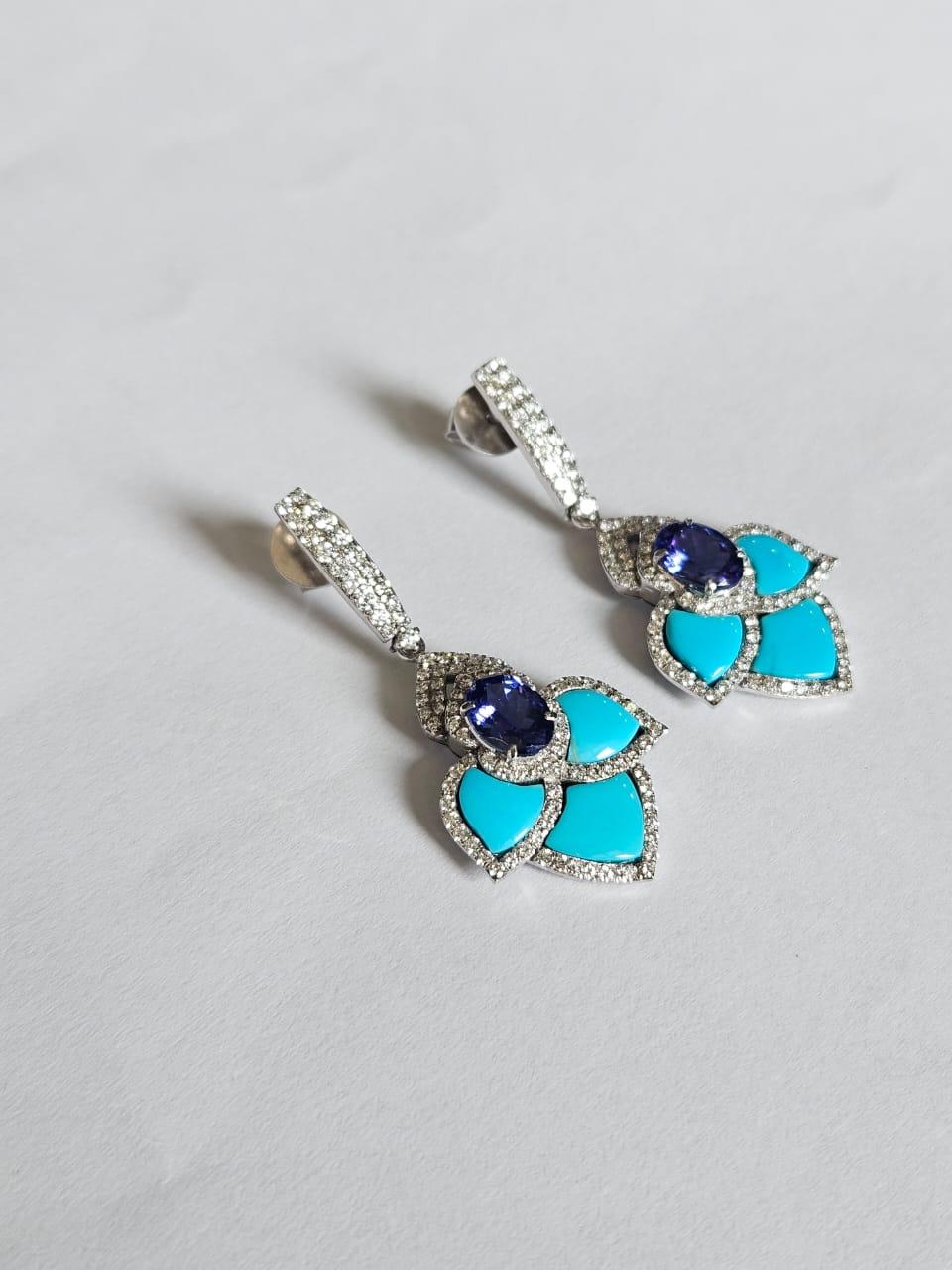 da uomo o donna Orecchini con tanzanite, turchese e diamante da 2,86 carati, incastonati in oro bianco 18 carati in vendita