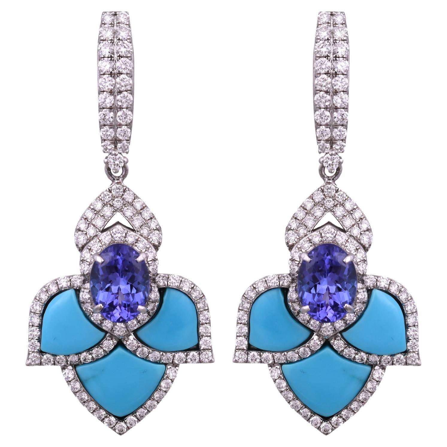 Set in 18K white Gold, 2.86 carat Tanzanite, Turquoise & Diamond Dangle Earrings