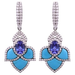 Set in 18K white Gold, 2.86 carat Tanzanite, Turquoise & Diamond Dangle Earrings