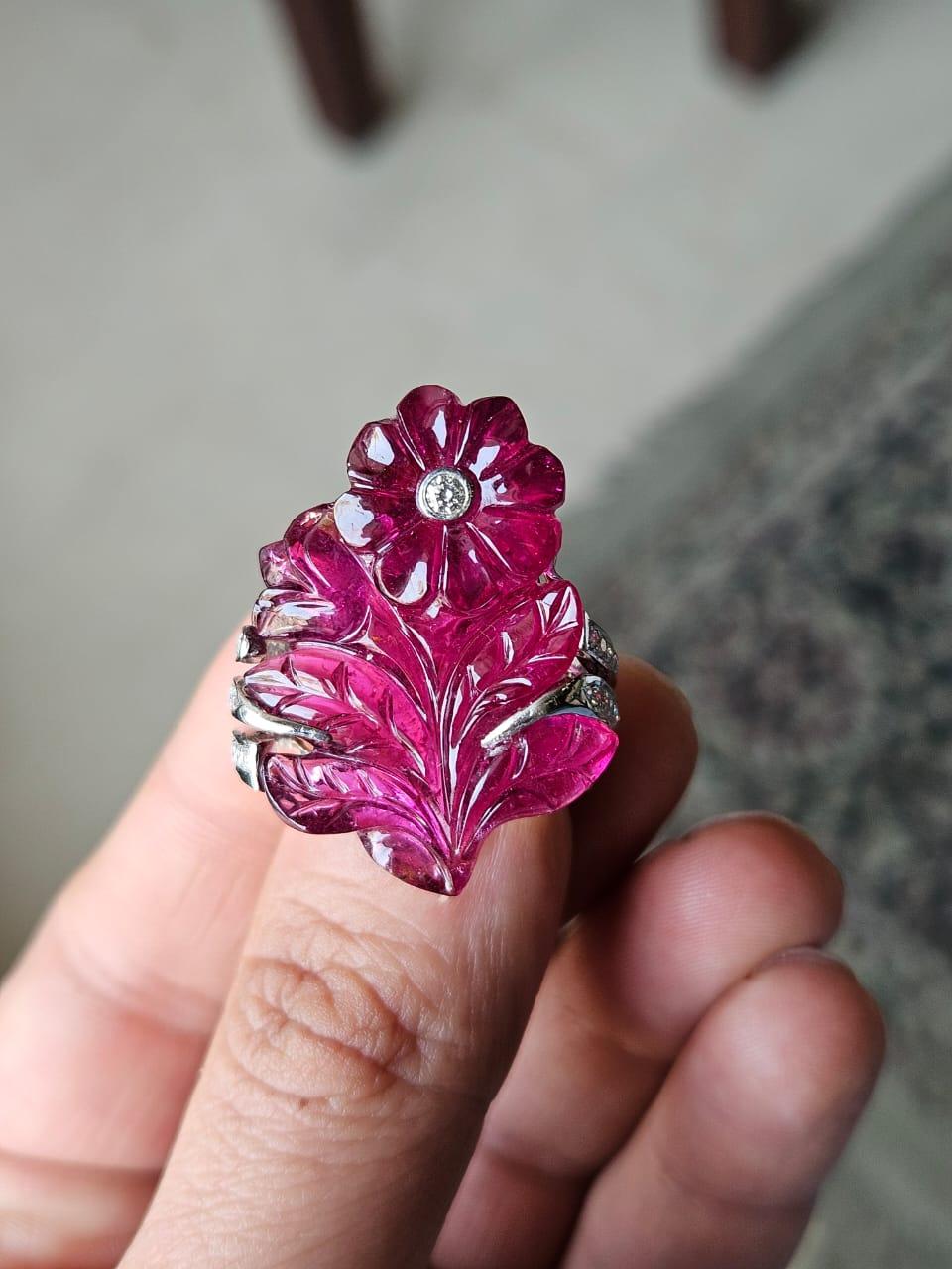 A very gorgeous and beautiful, modern style, Tourmaline Cocktail Ring set in 18K White Gold & natural Diamonds. The weight of the carved Tourmaline is 33.00 carats. The Tourmaline is hand - carved in our very own workshop. The Diamonds weight is