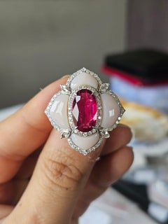 Set in 18K white Gold, 3.39 carat Rubellite, Pink Opal & Diamonds Cocktail Ring