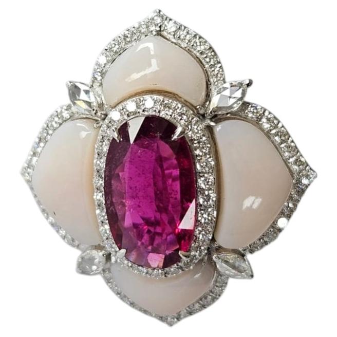 Set in 18K white Gold, 3.39 carat Rubellite, Pink Opal & Diamonds Cocktail Ring