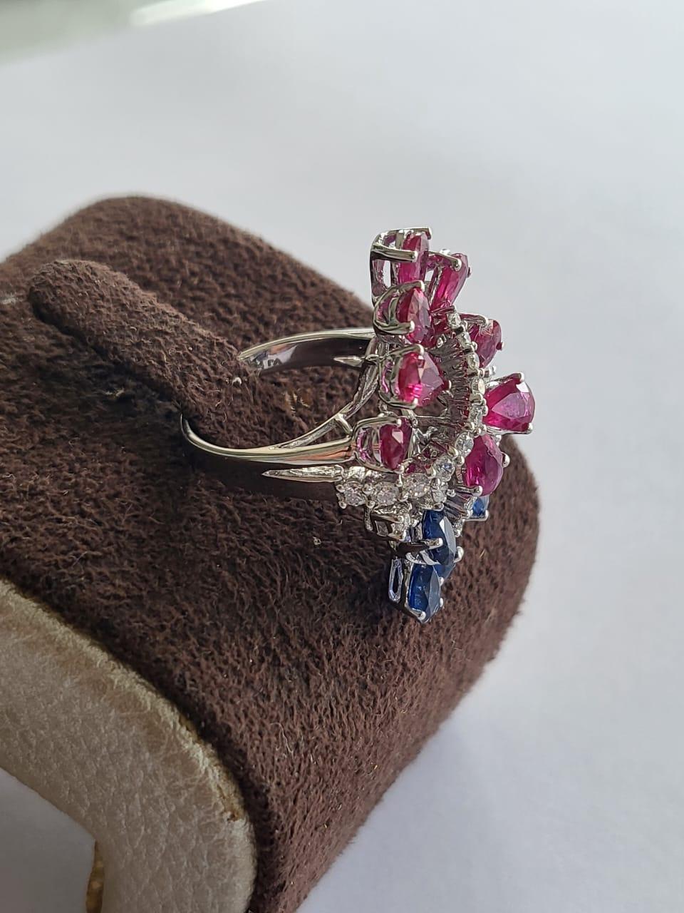 Modern Set in 18k White Gold, 3.42 Carats, Ruby, Blue Sapphire & Diamonds Cocktail Ring For Sale