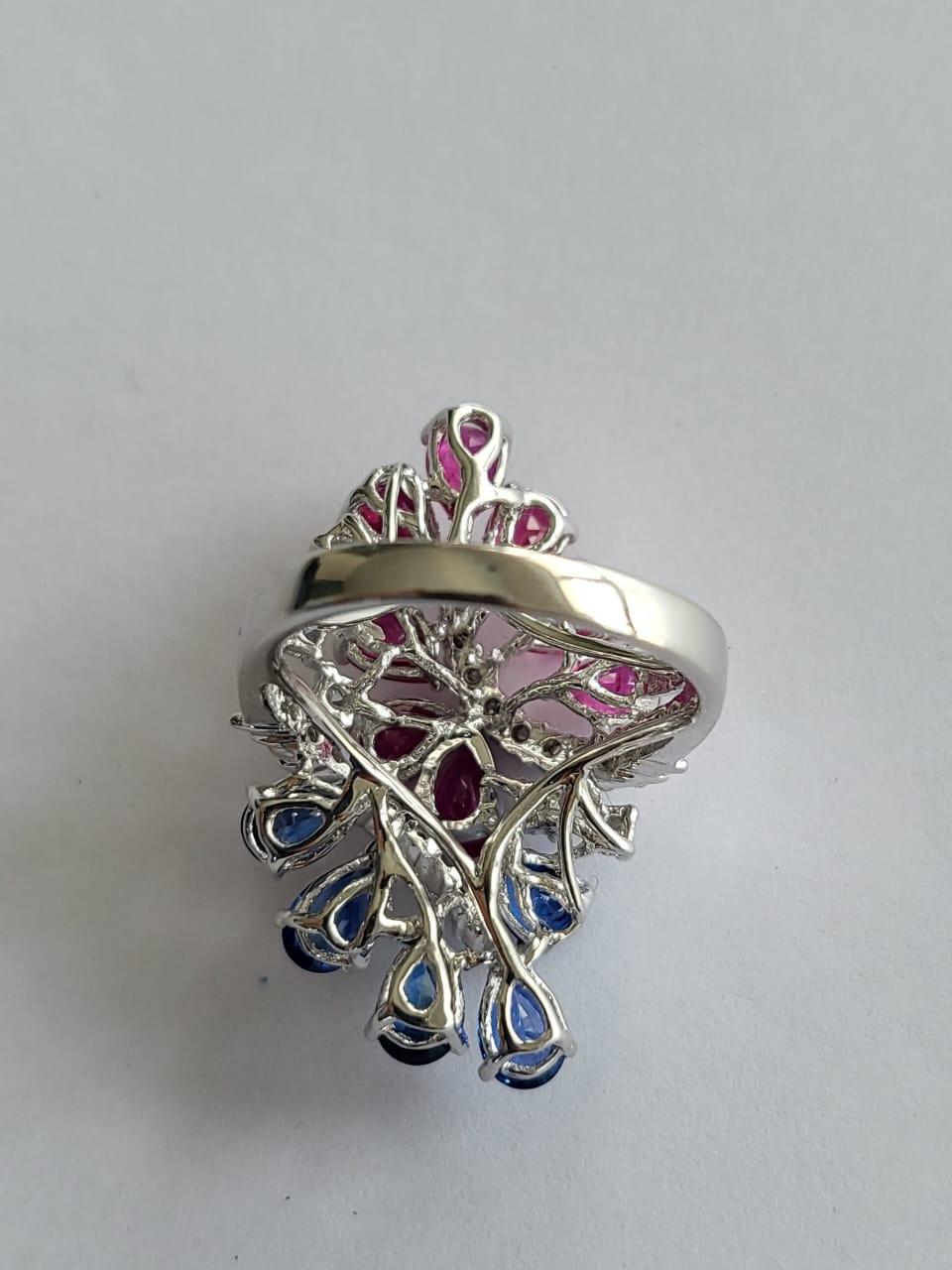 Pear Cut Set in 18k White Gold, 3.42 Carats, Ruby, Blue Sapphire & Diamonds Cocktail Ring For Sale