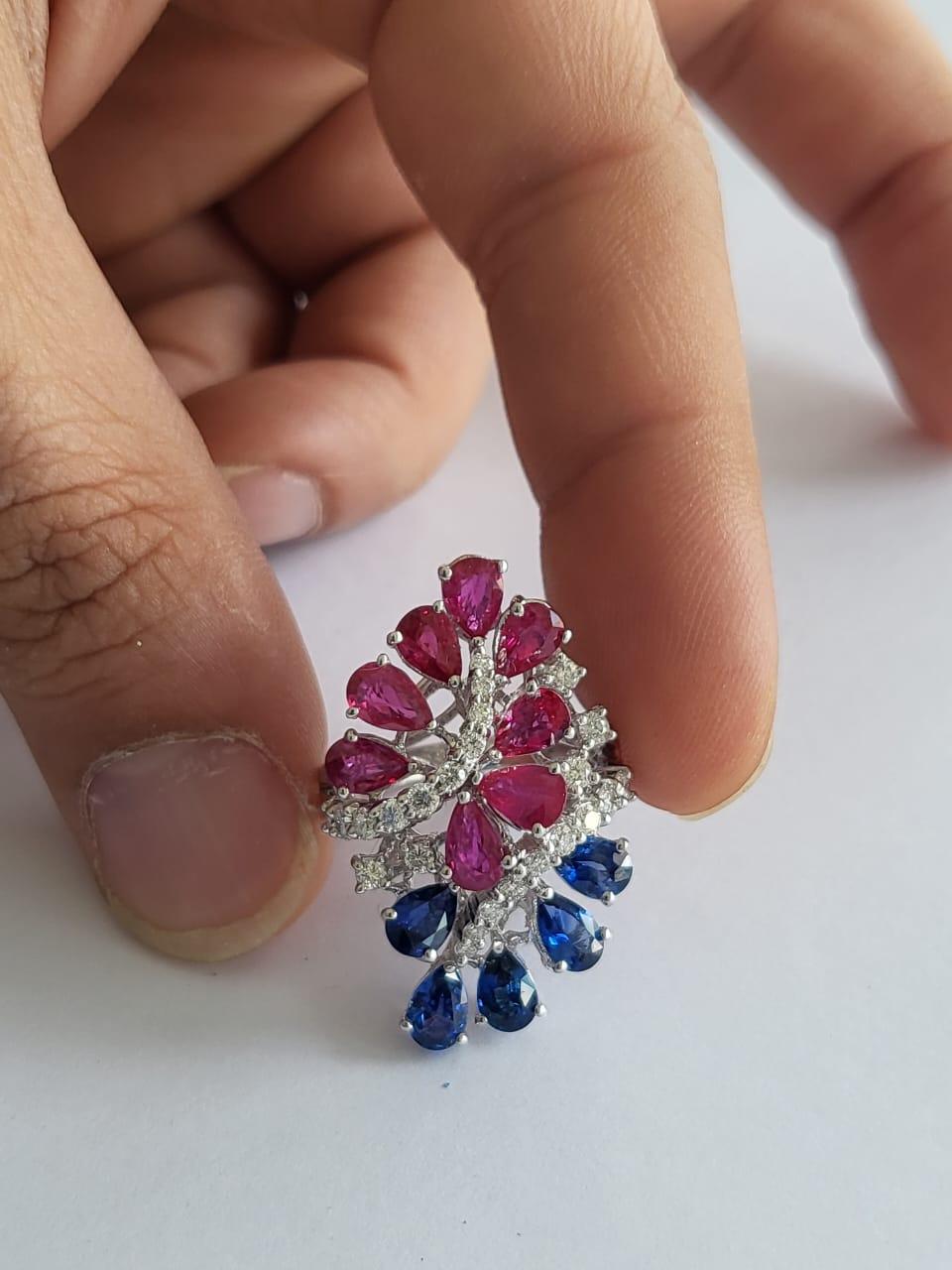 Set in 18k White Gold, 3.42 Carats, Ruby, Blue Sapphire & Diamonds Cocktail Ring In New Condition For Sale In Hong Kong, HK