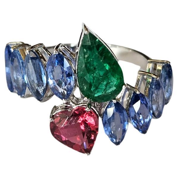 Set in 18K White Gold, 3.44 carats Blue Sapphire, Emerald & Tourmaline Band Ring For Sale