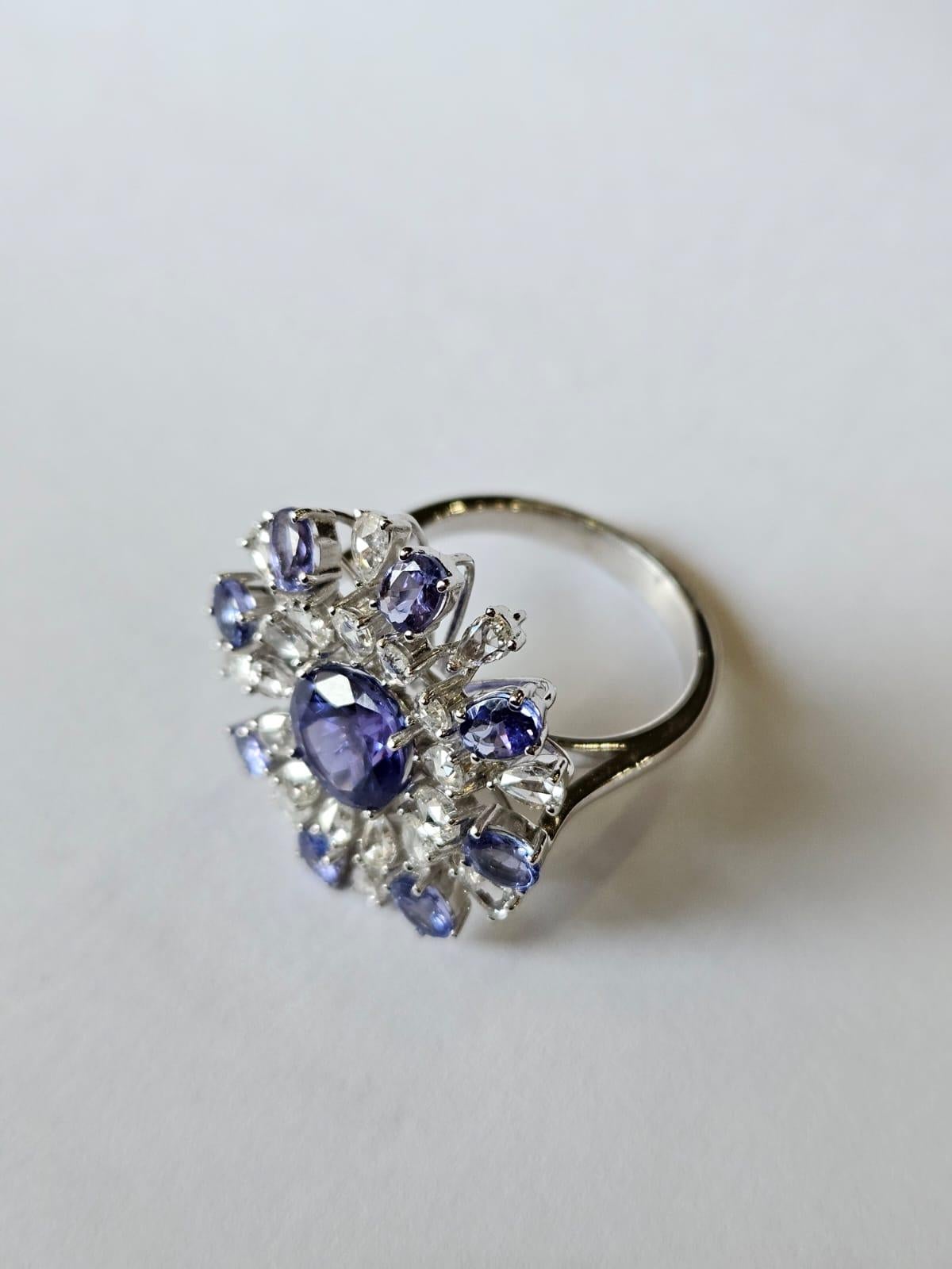 Set in 18K White Gold, 3.56 carats, Tanzanite & Rose Cut Diamonds Cocktail Ring In New Condition For Sale In Hong Kong, HK