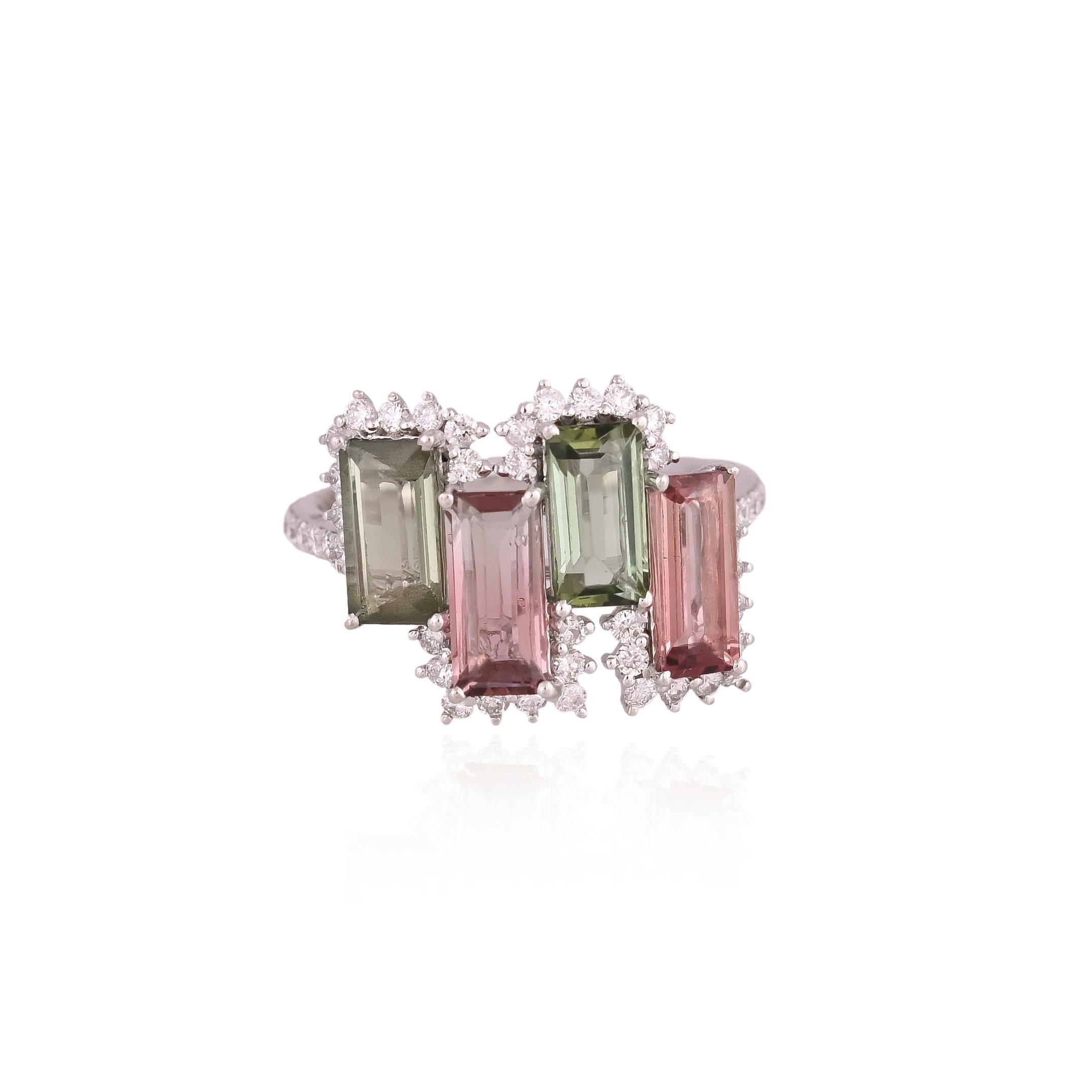 Set in 18K white Gold, 3.60 carats, watermelon Tourmaline & Diamonds Band Ring For Sale 5