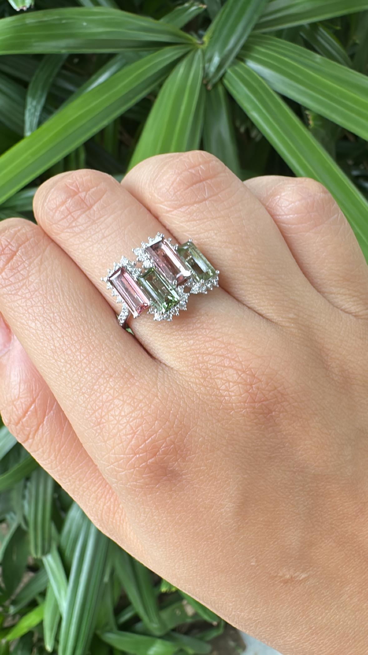 Bague en or blanc 18 carats, 3,60 carats, tourmaline melon d'eau et diamants en vente 2