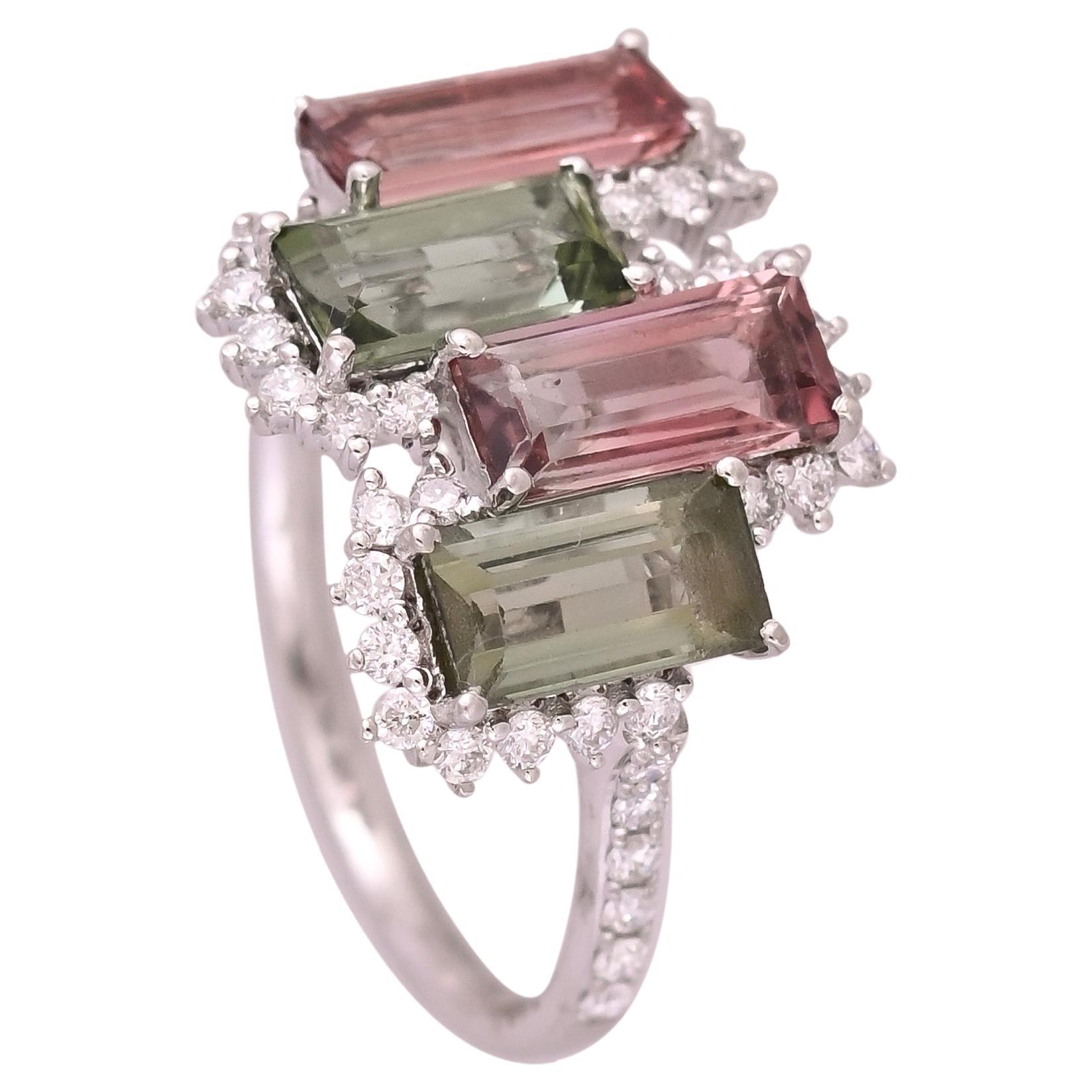 Set in 18K white Gold, 3.60 carats, watermelon Tourmaline & Diamonds Band Ring For Sale