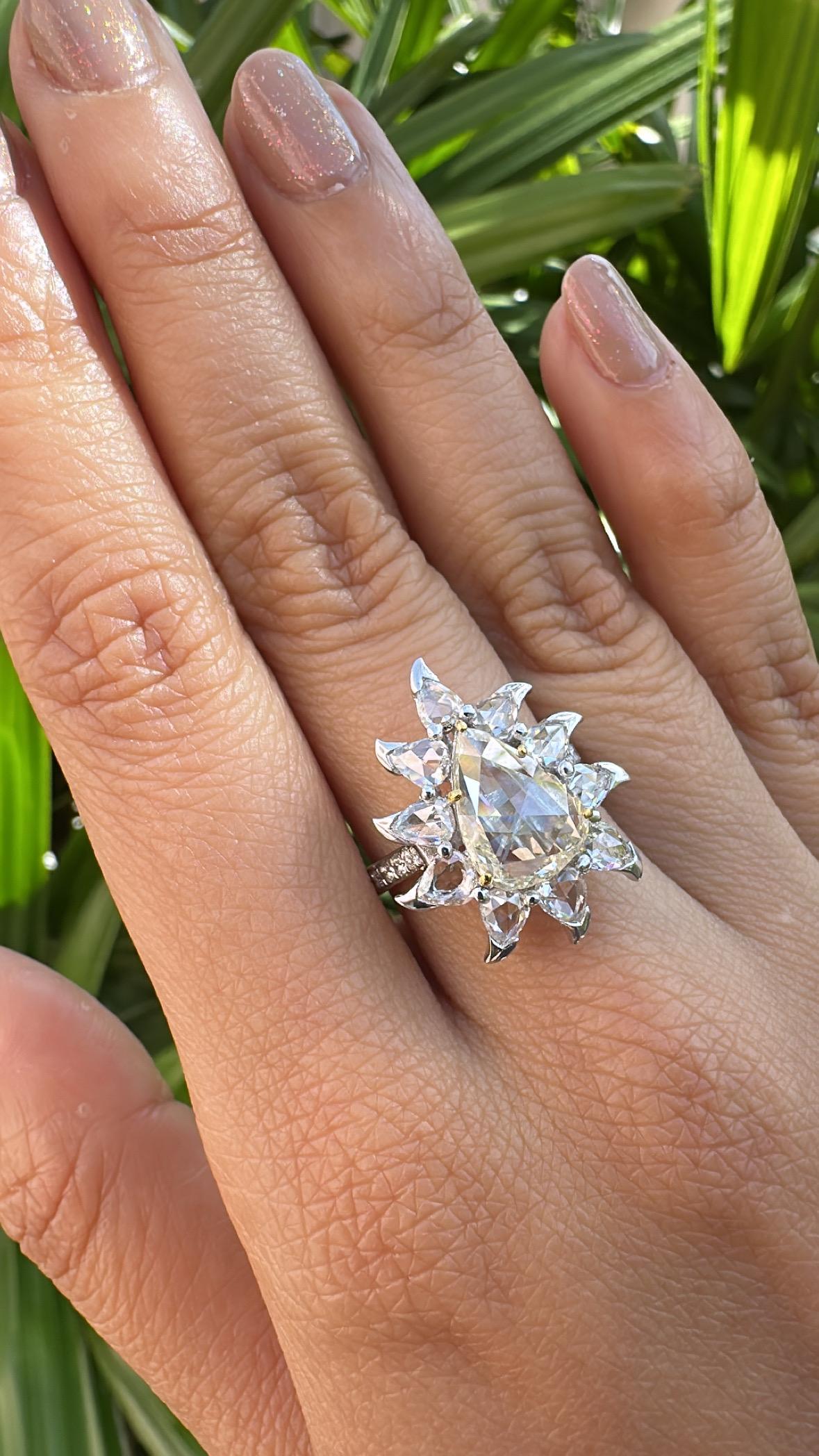 Set in 18K white Gold, 3.86 carats, Rose Cut Diamonds Engagement Cocktail Ring For Sale 3