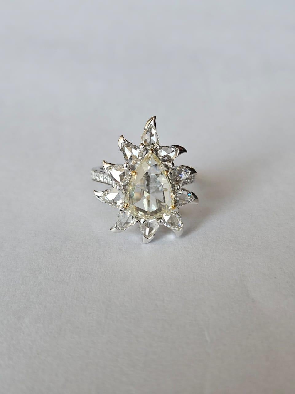 Art Deco Set in 18K white Gold, 3.86 carats, Rose Cut Diamonds Engagement Cocktail Ring For Sale