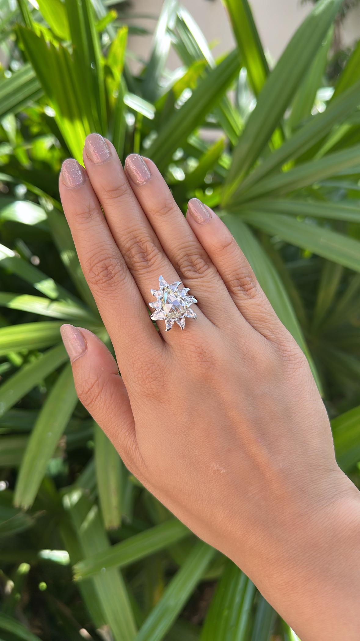 Set in 18K white Gold, 3.86 carats, Rose Cut Diamonds Engagement Cocktail Ring For Sale 1