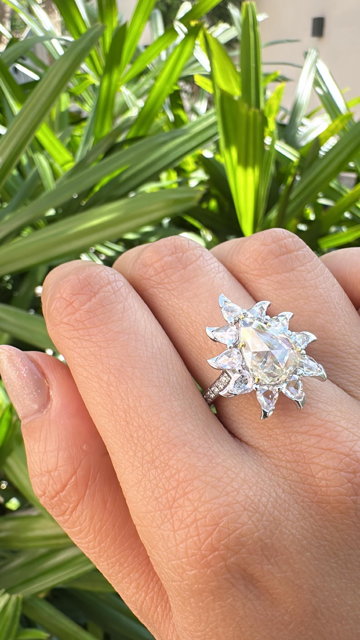Set in 18K white Gold, 3.86 carats, Rose Cut Diamonds Engagement Cocktail Ring For Sale 2