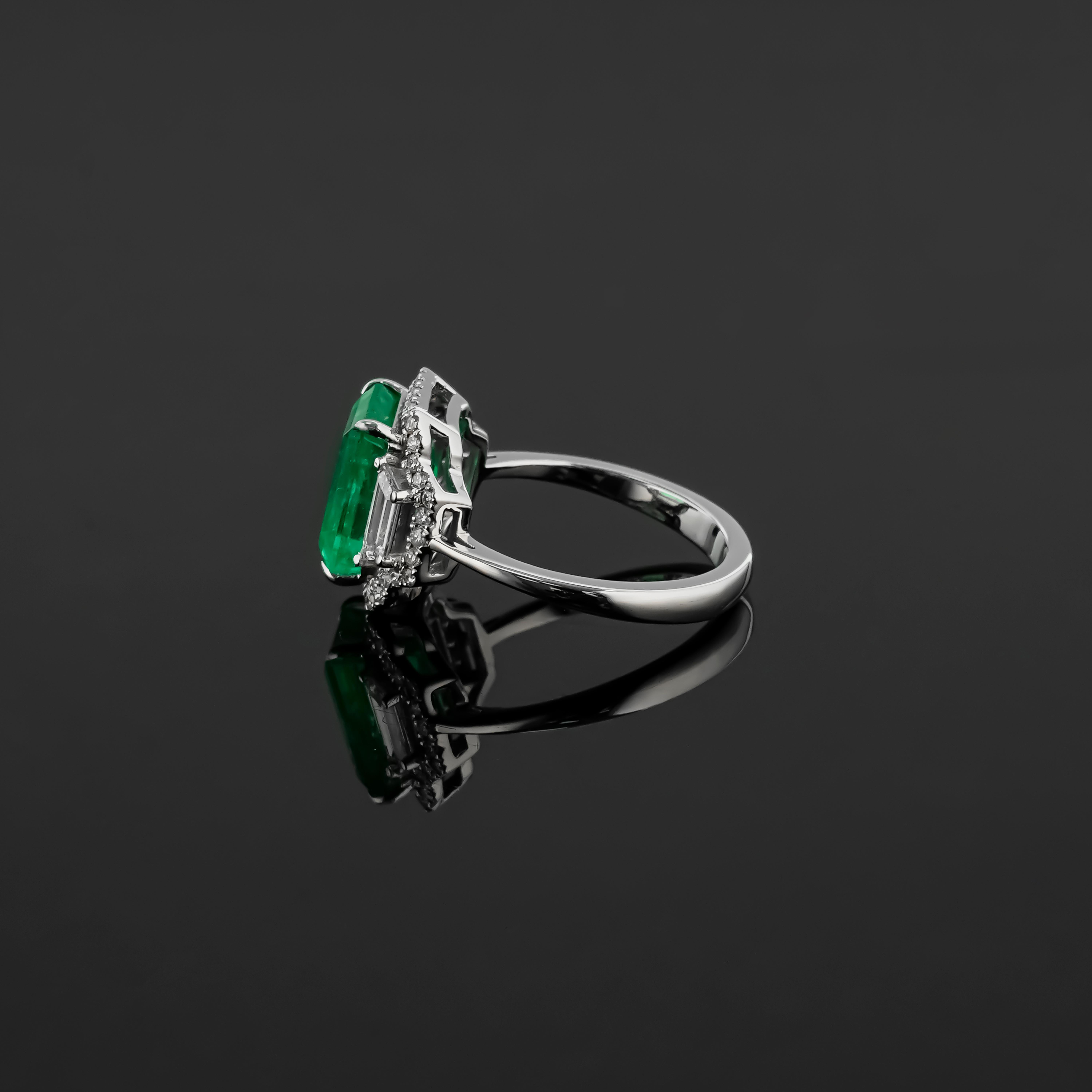 Emerald Cut Set In 18K White Gold 4 Carat Colombian Emerald and Diamond Engagement Ring For Sale